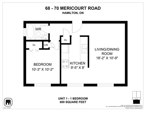 A floor plan for a one bedroom apartment at 68-70 Mericourt Road, Hamilton, On.